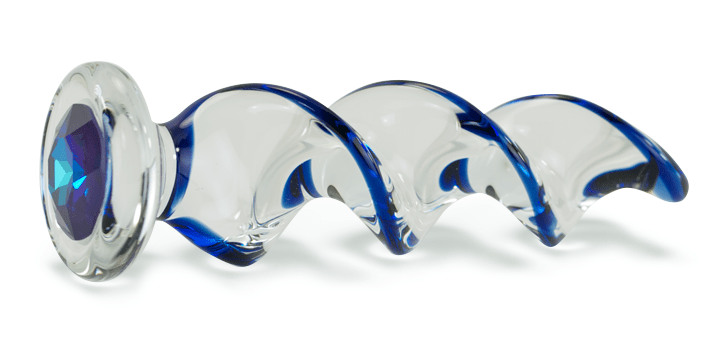 [Image: blue Crystal Delights Crystal Twist glass dildo side view]