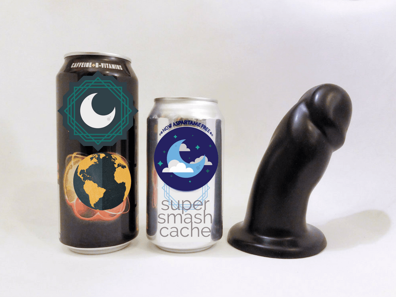 Vixen Creations Randy dildo and soda pop can comparison. The girth of the Vixen Randy is about the same as the top of a soda can.