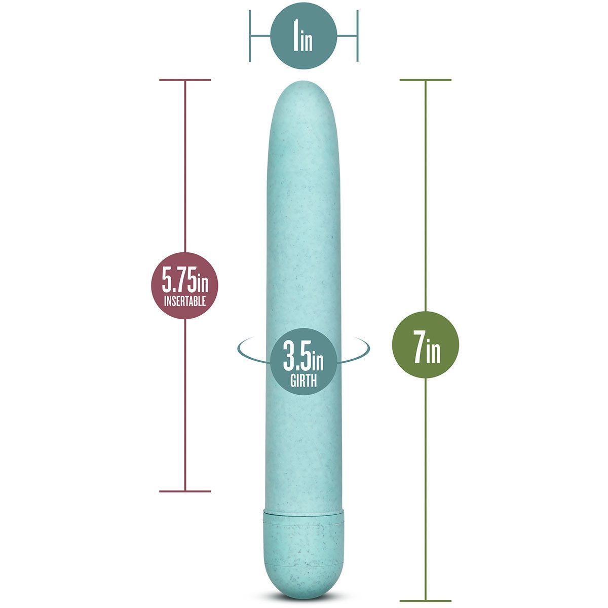 The Blush Novelties Gaia Eco vibrator is a dainty 7" long and 1" wide, with a turn dial