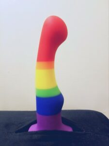 Rainbow G-spot dildo mounted in Liberator Wing toy mount.