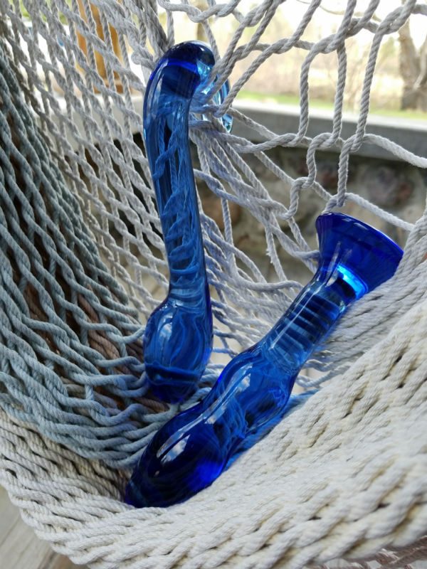 Chrystalino Champ and Gallant blue glass dildos side-by-side