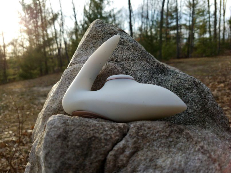 Satisfyer Pro 4 Couples suction air pulse vibrator on a rock in the woodlands