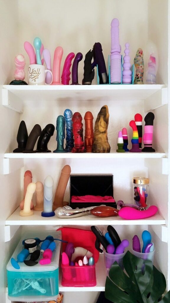 This is my moderately big sex toy collection, featuring mostly dildos and some insertable vibrators. You can re-purpose a bookshelf for storing your sex toys.