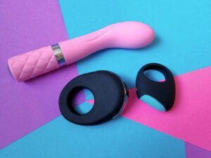 BMS Pillow Talk Sassy G-spot vibrator, Hot Octopuss vibrating cock ring bottom view, and the substantially more compact Picobong Remoji Lifeguard ring