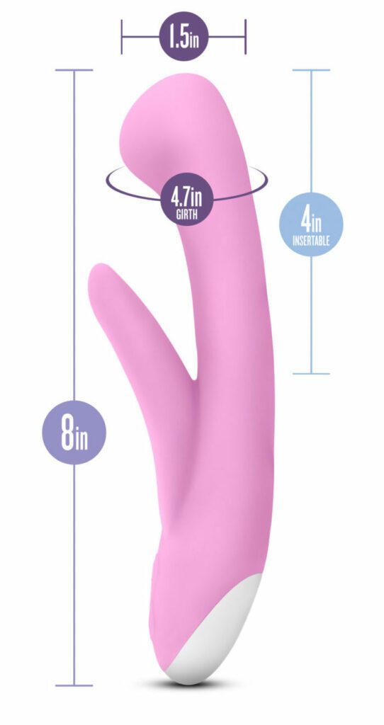 [The Hop Cottontail Rabbit vibrator is 1.5" wide across / 4.7" around the widest point. It's 4 inches insertable and 8 inches total.]