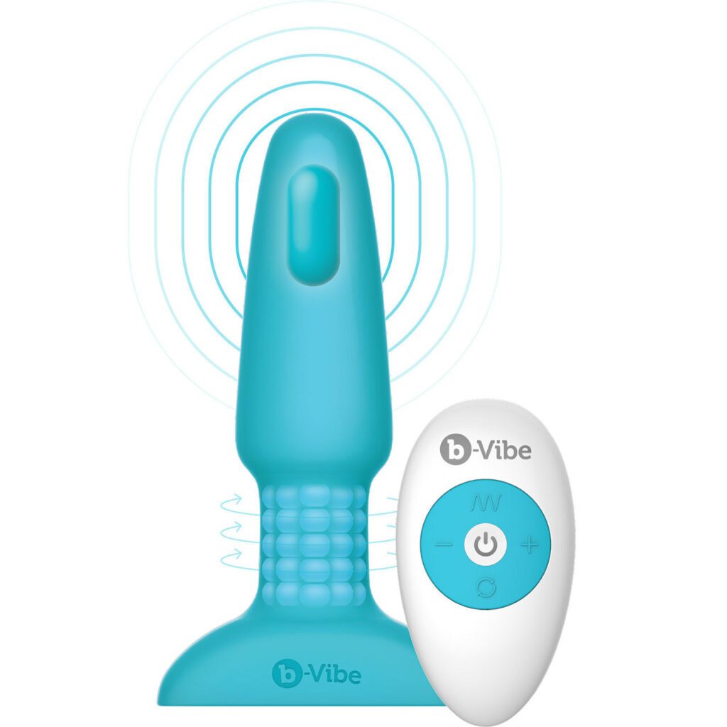 B-Vibe Rimming Plug diagram showing the vibrating motor in the tip and the beads in the neck. There are 5 rows of spinning beads.