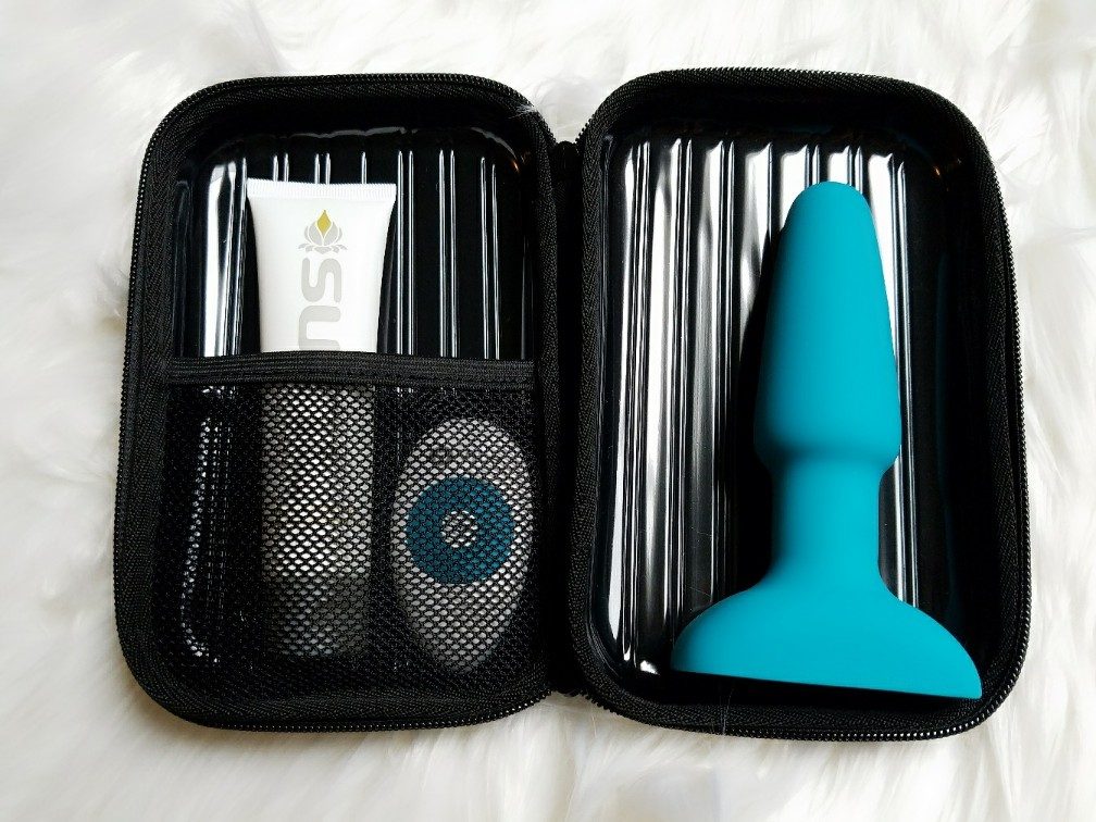 b-vibe Rimming plug 2 remote control butt plug with spinning beads in neck, in the included storage and travel case