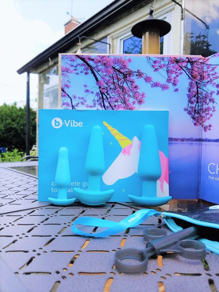 [Image: size comparison of the three plugs in the b-Vibe anal training kit. The booklet included is teal with a white vector unicorn on the cover.]