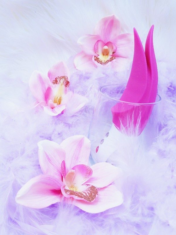 [Image: Fun Factory Volta in blackberry pink vertical side view amid fur, feathers, flowers, and a drinking glass]