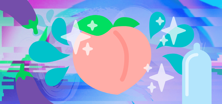 [Image: peach emoji with sparkles, splashes, eggplants, and a condom surrounding it because we all know the peach and eggplant are euphemisms]