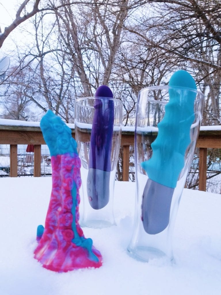 [Image: purple Fun Factory Stronic Real, petrol blue Stronic Surf pulsator, and blue and purple Uberrime Xenuphora dildo]