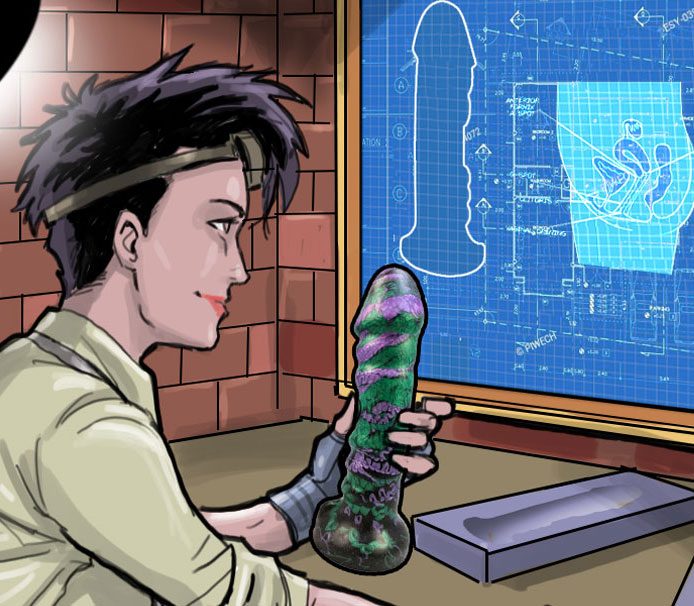 [Image: person looking at vaginal and cervical anatomy diagram while holding A-Spot Avenger in The Incredible Hulk-inspired colors]