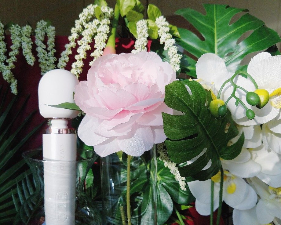 [Image: white Le Wand Rechargeable next to light pink flower, white orchids, and leaves]