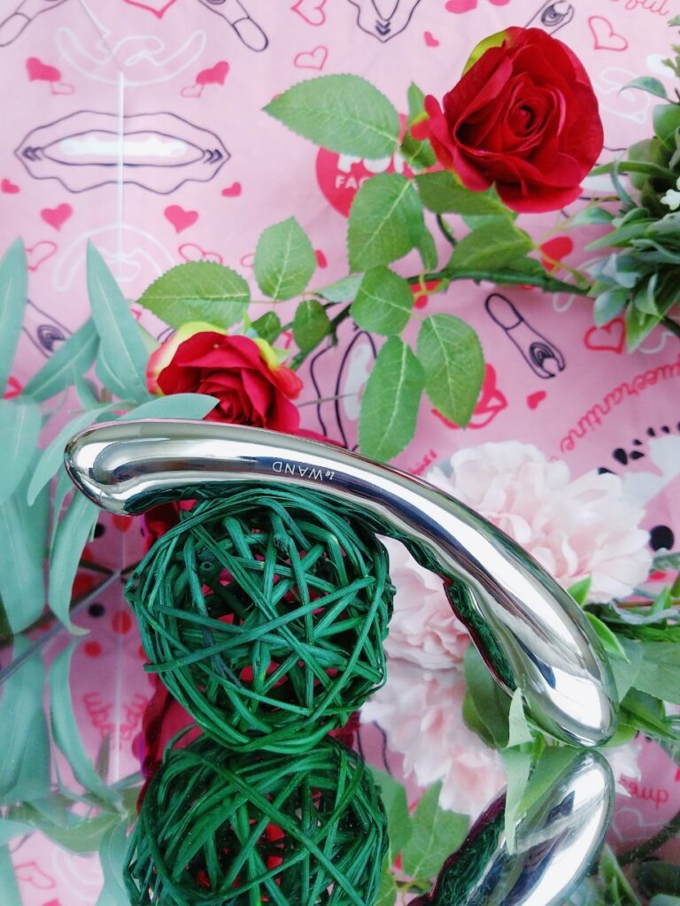 [Image: Le Wand Arch stainless steel G-spot dildo with etched logo visible]