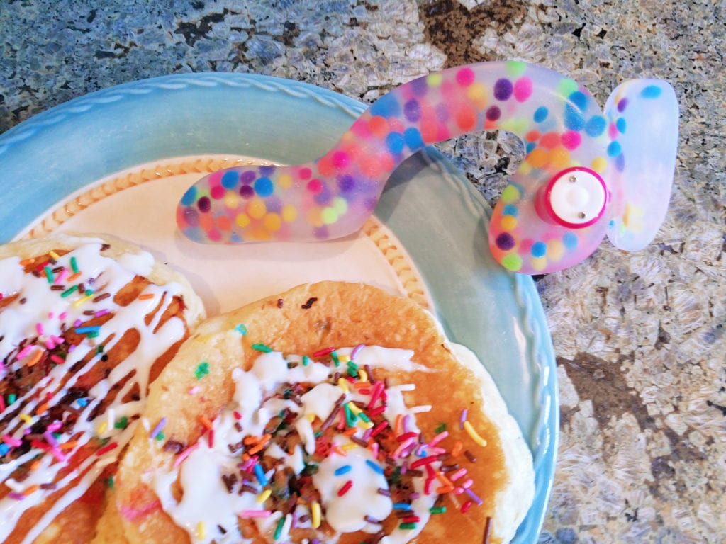LuzArte rainbow polka dot dildo next to rainbow sprinkle pancakes!