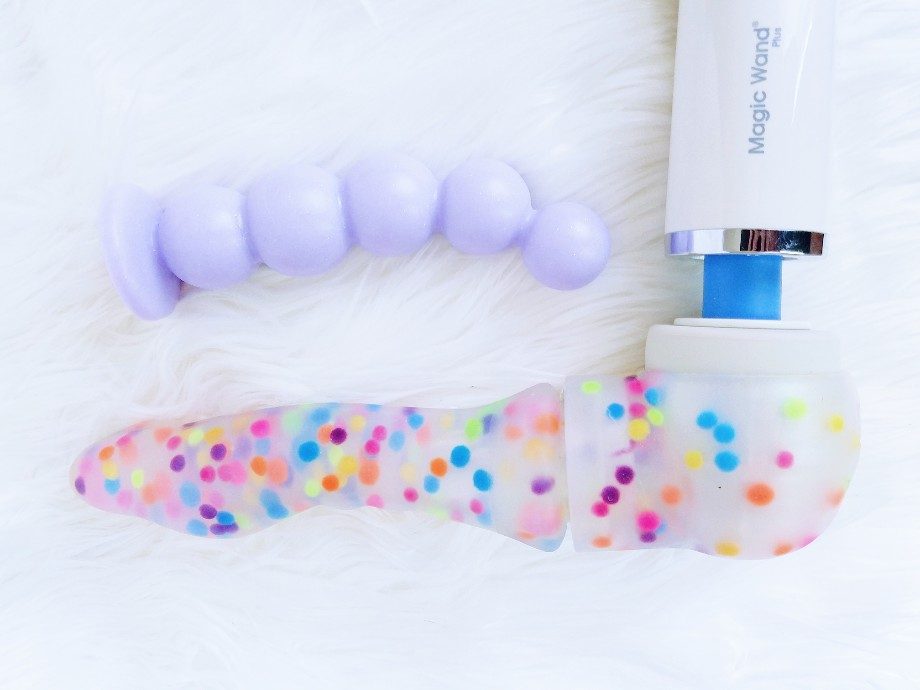Magic Wand Plus with polka-dot LuzArte Jollet dildo attachment cap and Bubbles anal beads