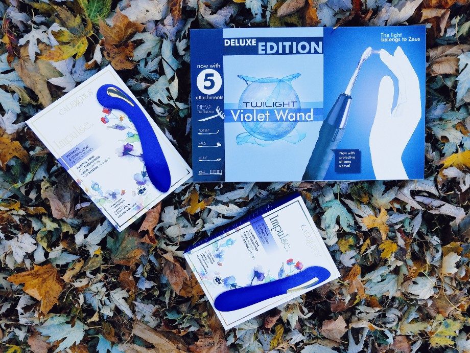 California Exotics Impulse vagina-shocking vibrator and Deluxe Edition Zeus Twilight Violet Wand packaging