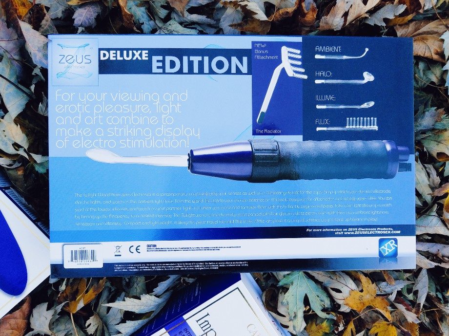 The back of the XR Brands Zeus Twilight Violet Wand packaging, featuring five attachments