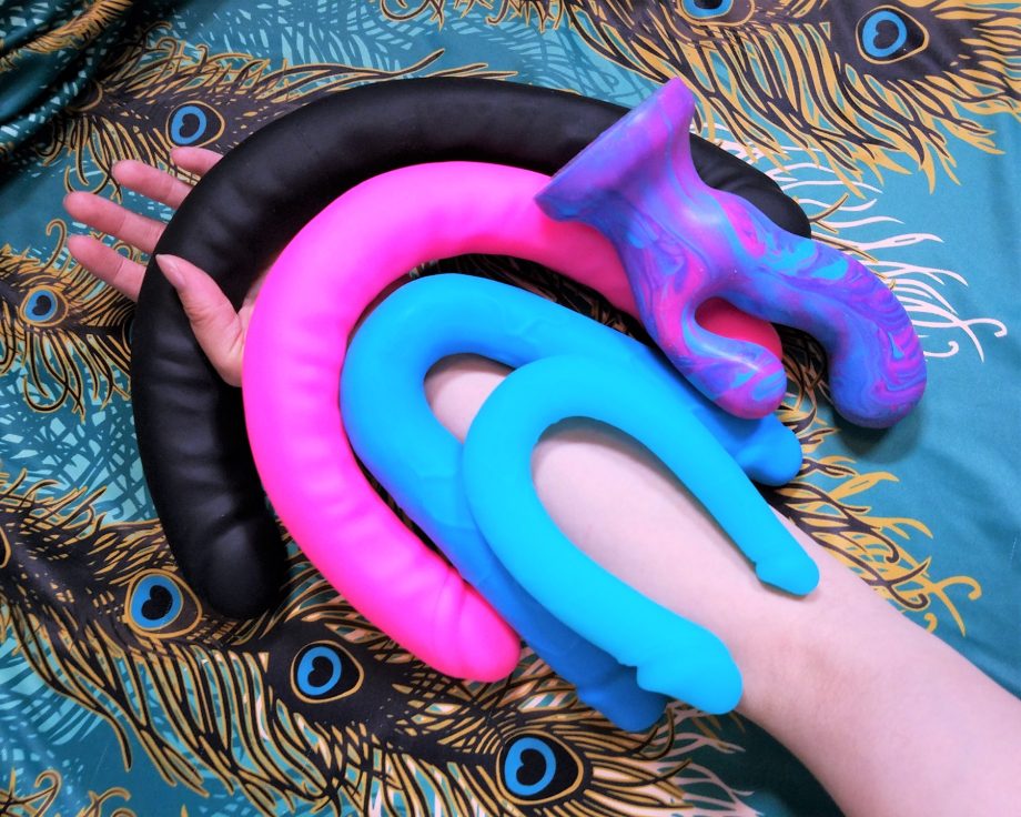 Comparison: Blush Ruse 18" Double Dong, 18" Slim, NS Novelties Colours DP Pleasures, and California Exotics AC/DC double-ended dildo