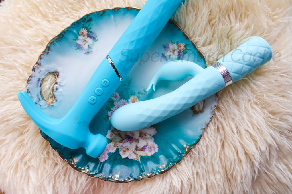 Love Hamma self-thrusting vibrator and BMS Pillow Talk Lively gyrating spinning G-spot rabbit vibrator with rumbly clitoral stimulator mint green teal