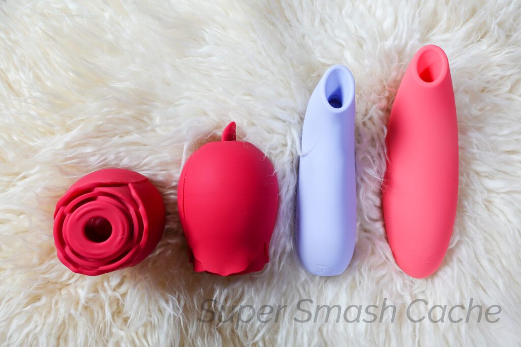 NS Novelties Inya Rose viral sex toy vs. Blossom Rose with flicking tongue vs. Dame Aer vs. We-Vibe Melt air pulse massager.