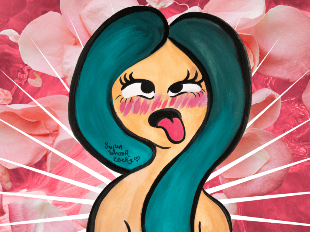 Gouache drawing of a woman doing an ahegao orgasm face with her tongue sticking out, eyes crossed, and face flushed. She has blue hair and stands amid a rose petal and sunburst background.