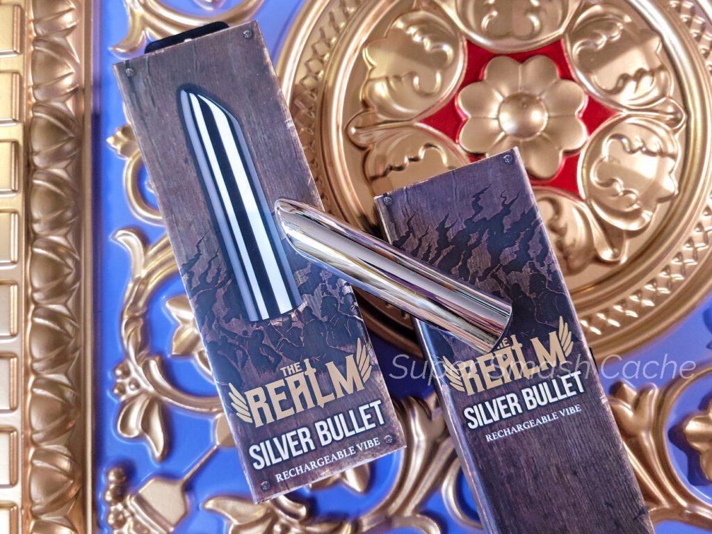 Blush Novelties The Realm Silver Bullet rechargeable vibrator packaging and storage box