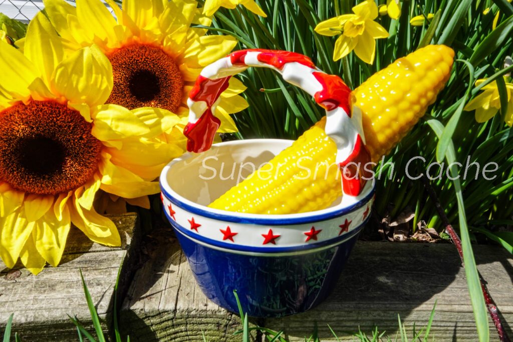 Review: SelfDelve Corn, Hole Punch Evolver, Moonshiner silicone dildos 3 SelfDelve Corn on the Cob silicone dildo in red white and blue ceramic "basket"