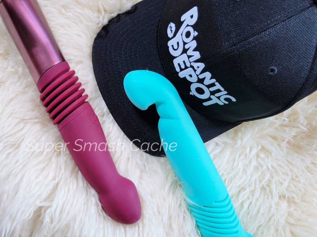 Blush Temptasia Trixie vs. Velvet Thruster Teddy GS comparison review. Shown here is the Temptasia Trixie in wine red and the Velvet Thruster Teddy GS in mint green.