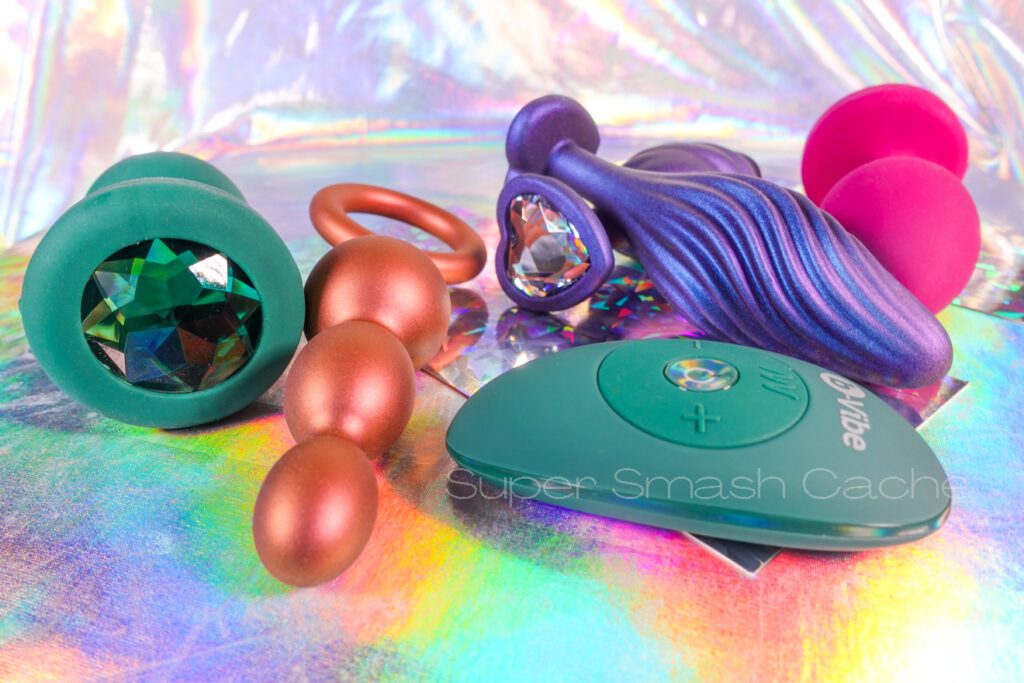 sparkly butt plugs with iridescent pigment in the silicone and rhinestones in the bases