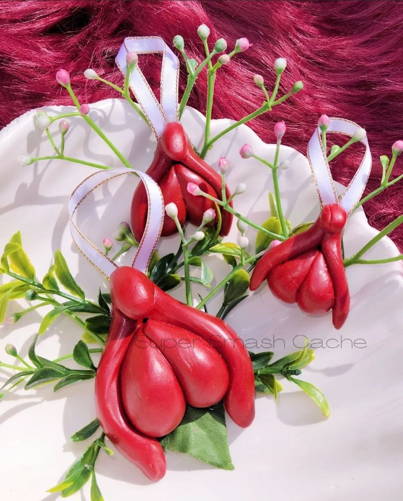 CLITMAS SPOTLIGHT: XL Sammie Prime thruster, clitoris ornaments, and more! 3 Epoxy "clay" clitoris Christmas ornaments I hand-sculpted with love!