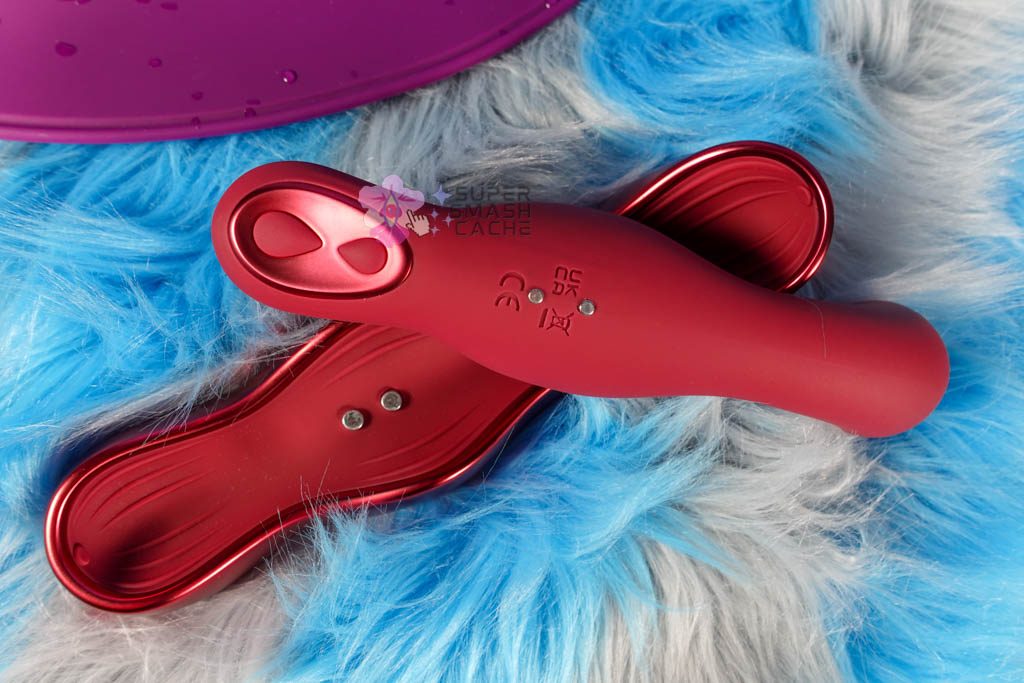 Rocks-Off Ruby Glow Blush vibrator control panel and magnetic charging contacts
