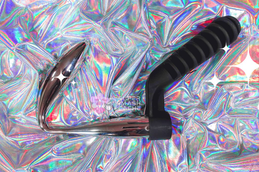 The L'Acier Reverb steel dildo has a steep bend for pressure on the front wall; it can be used vaginally or anally as a plug.