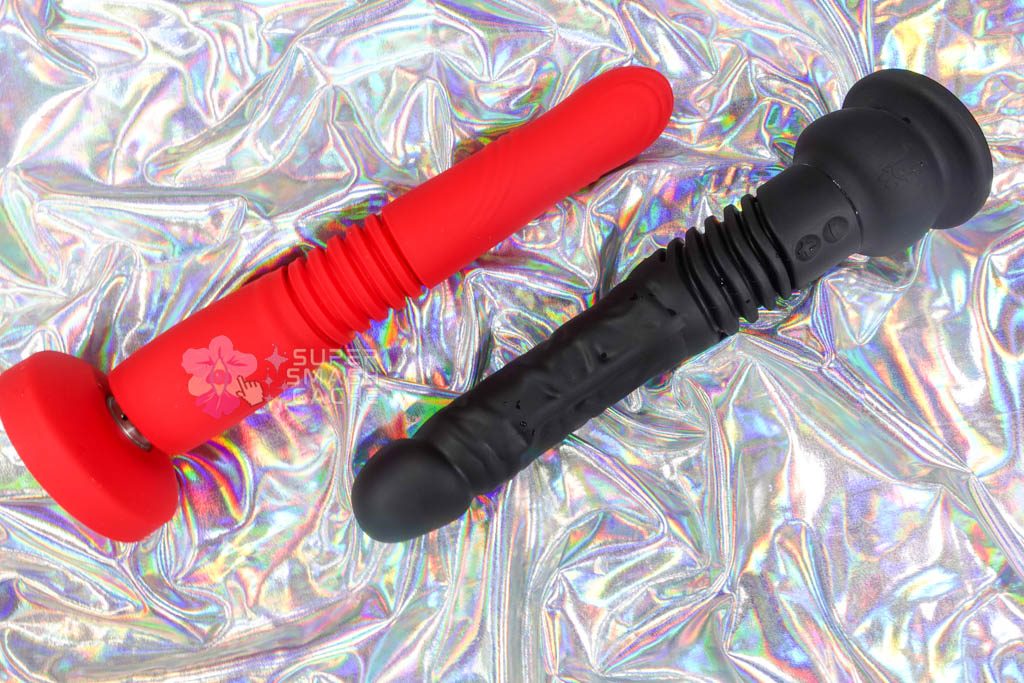 Lovense Gravity and Velvet Thruster Teddy handheld fucking machines side-by-side