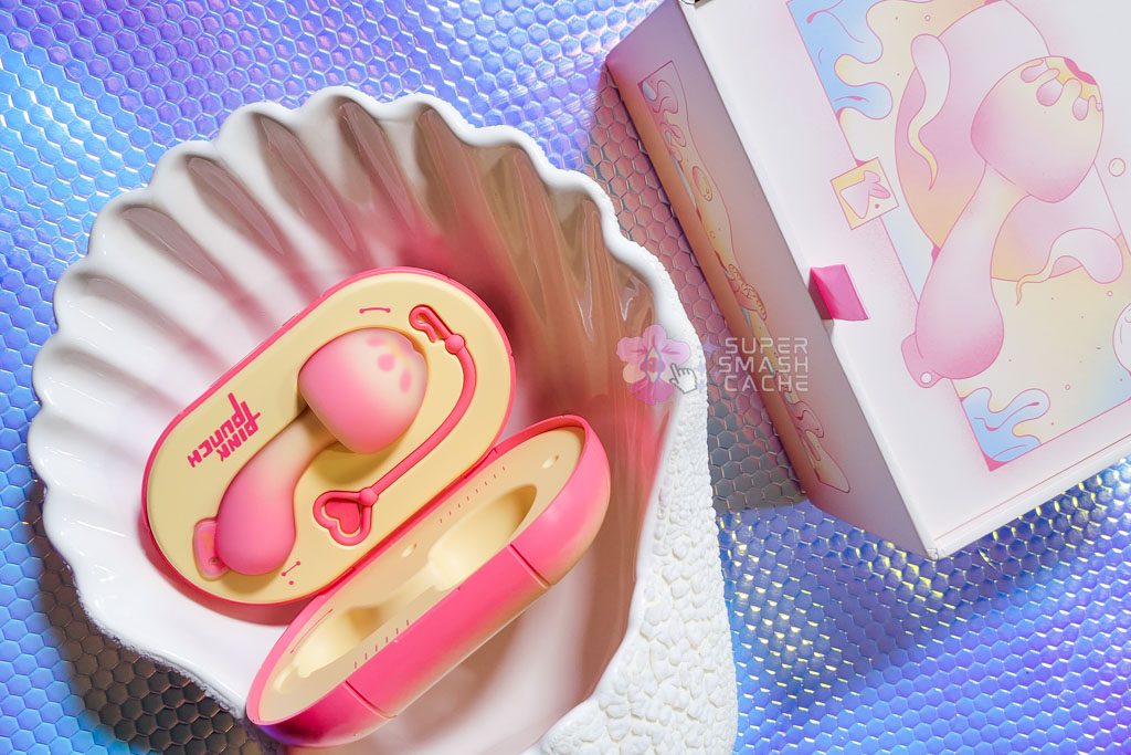 Pink Punch Sunset Mushroom inside inductive charging and storage case with packaging