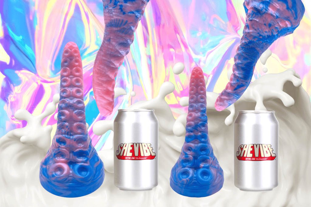 Review: Dee’s Big Daddies Drake XXXL Dragon & Davy Tentacle Dildo 8 Pink and blue swirled silicone tentacle dildos next to soda cans for size comparison