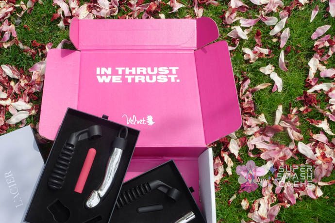 Velvet Brands packaging containing the L'Acier Capo and Slide. The top box flap features bold letters reading, "IN THRUST WE TRUST" with the Velvet logo