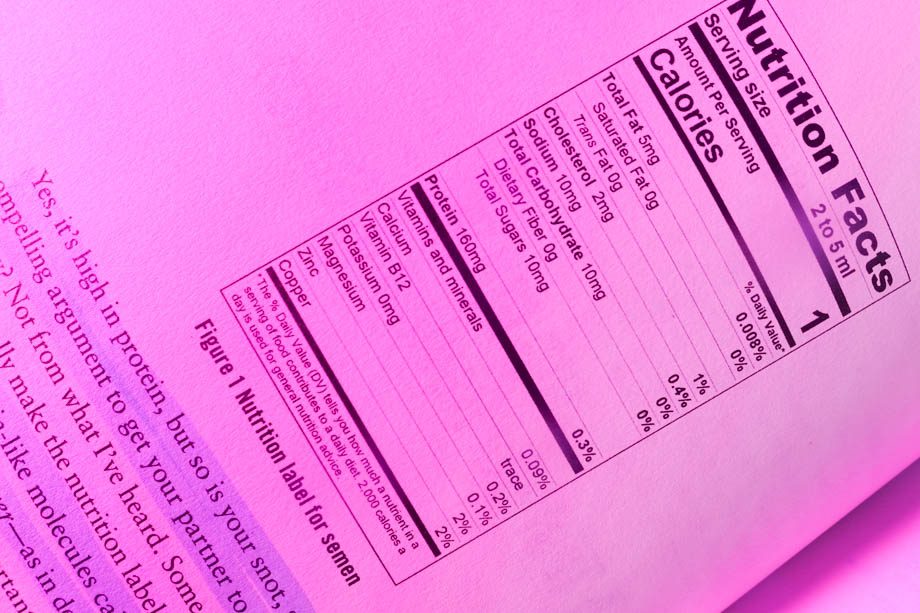 Nutrition label of a semen load, with text highlighted saying that, yes, semen does contain protein, but so does snot in Aaron Spitz, MD's The Penis Book