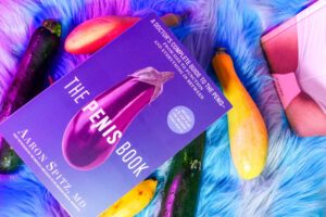The Penis Book by Aaron Spitz, MD with an eggplant on the cover amid cucumbers and zucchini