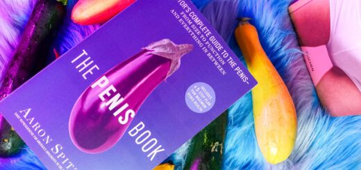 The Penis Book by Aaron Spitz, MD with an eggplant on the cover amid cucumbers and zucchini