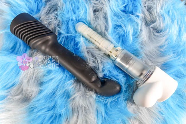 Velvet Thruster Prime Nanci self-thrusting G-spot dildo attachment next to handheld fucking machine screw machinery