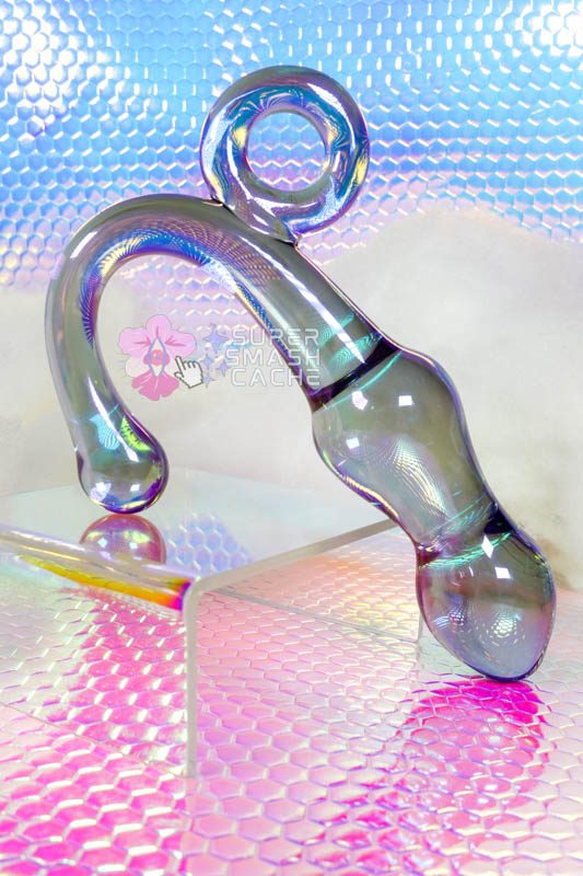 Y2K Rainbows: An Iridescent Glass Plug & Curved Pastel Dildo 4 Color-shifting blue butt plug with finger loop