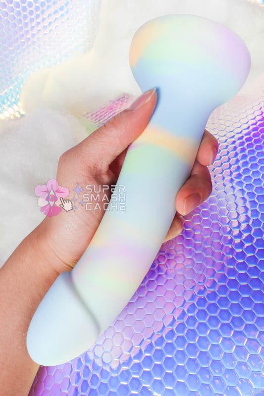Y2K Rainbows: An Iridescent Glass Plug & Curved Pastel Dildo 6 Mid-sized, gently curved dildo with pastel rainbow clouds