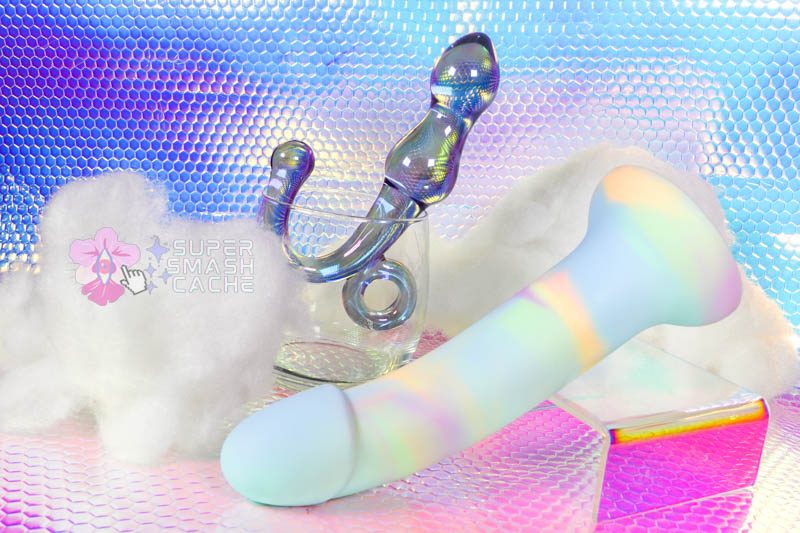 Y2K Rainbows: An Iridescent Glass Plug & Curved Pastel Dildo 1 Iridescent glass anal plug and pastel rainbow silicone dildo