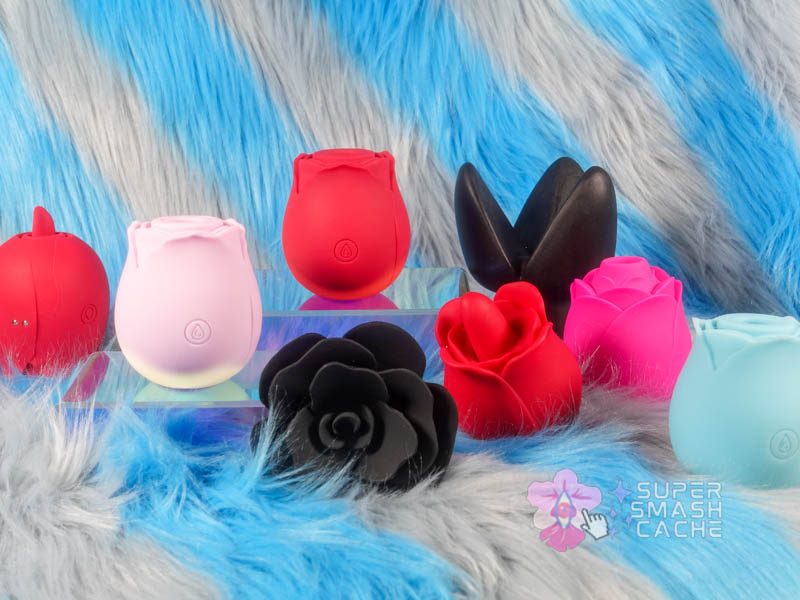 Variants of rose sex toys: air pulse massagers of different color roses, brand comparison, and rose butt plugs 