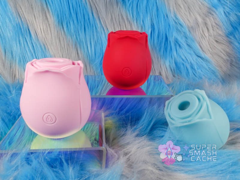 Rose sex toy colors shown: pale pink, red, blue
