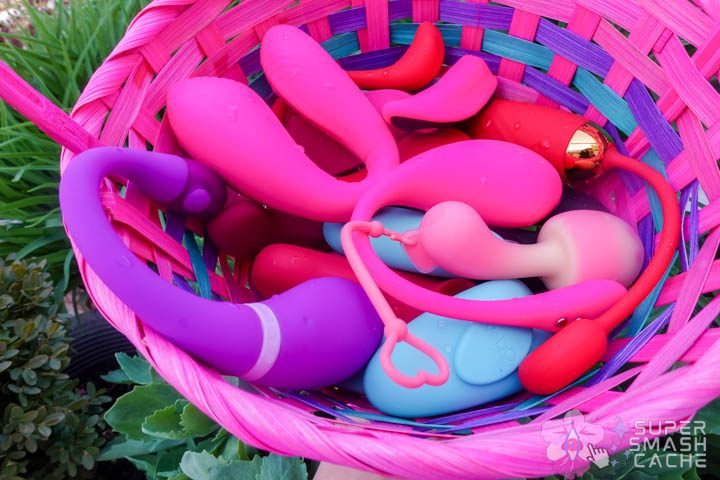Assorted Bluetooth remote control panty vibrators in a basket