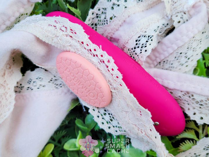 OhMiBod Foxy panty vibrator secured with magnet in light pink lace thong