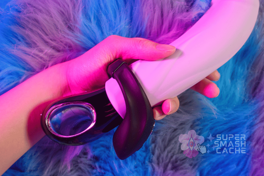 3 Rumbly Blowjob Vibrators For Fantastic Fellatio: Manta, Vim & Bond Review 10 We-Vibe Bond cock ring around vibrating dildo in hand