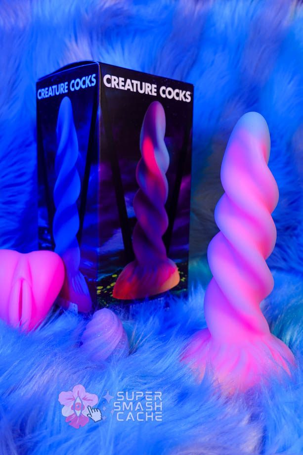 Creature Cocks Moon Rider spiral unicorn horn dildo and packaging